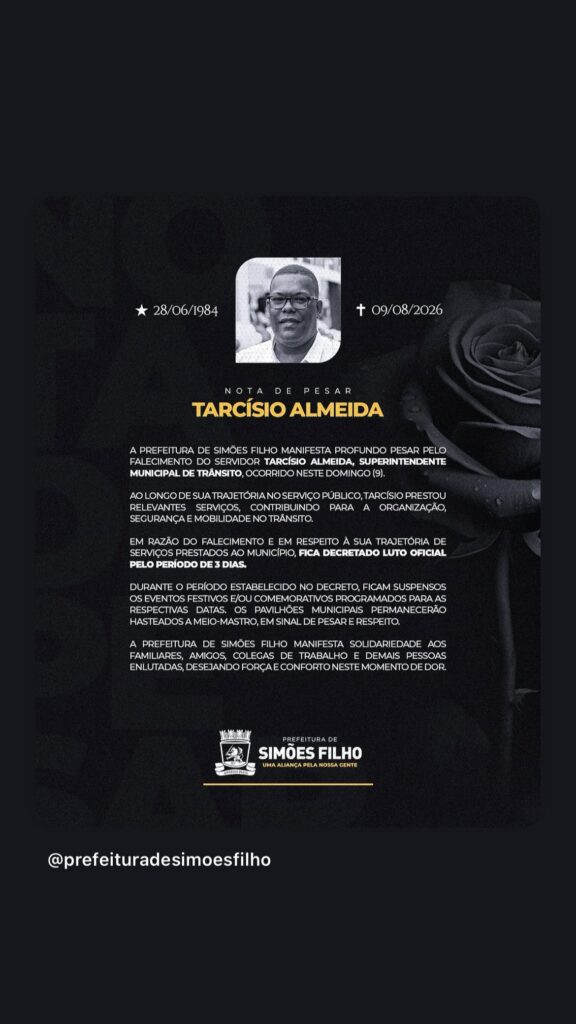 Prefeitura de Simões Filho decreta luto oficial após falecimento de Tarcísio Almeida